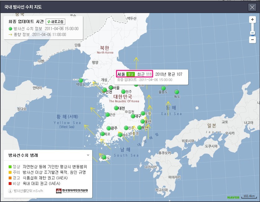 국내 방사선 수치 지도와 살펴본 동해의 해류 흐름, 해류도 궁금하다
