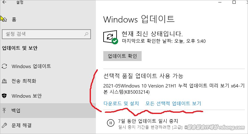 윈도우10 Windows 10 Version 21H1 누적 업데이트 KB5003214 선택적 품질 업데이트