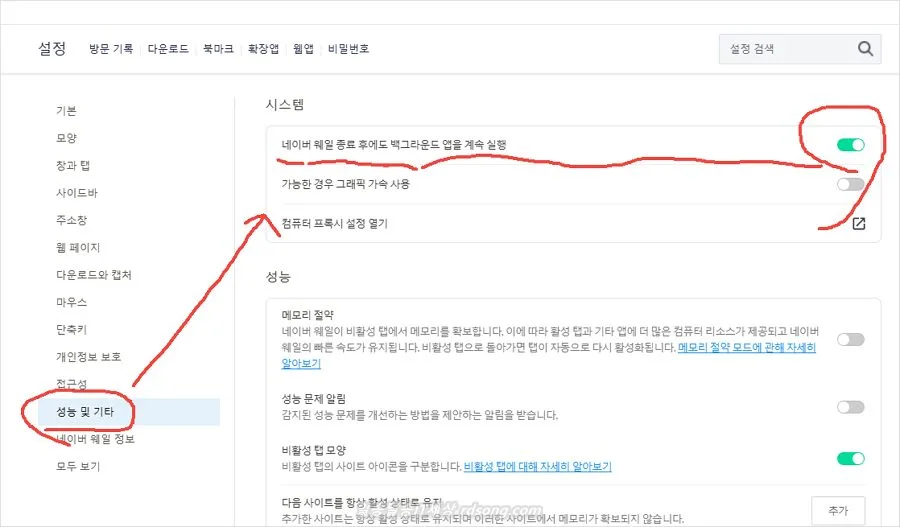 네이버 웨일 종료 후에도 백그라운드 앱을 계속 실행 꺼도 다시 켜지는 문제 해결 방법